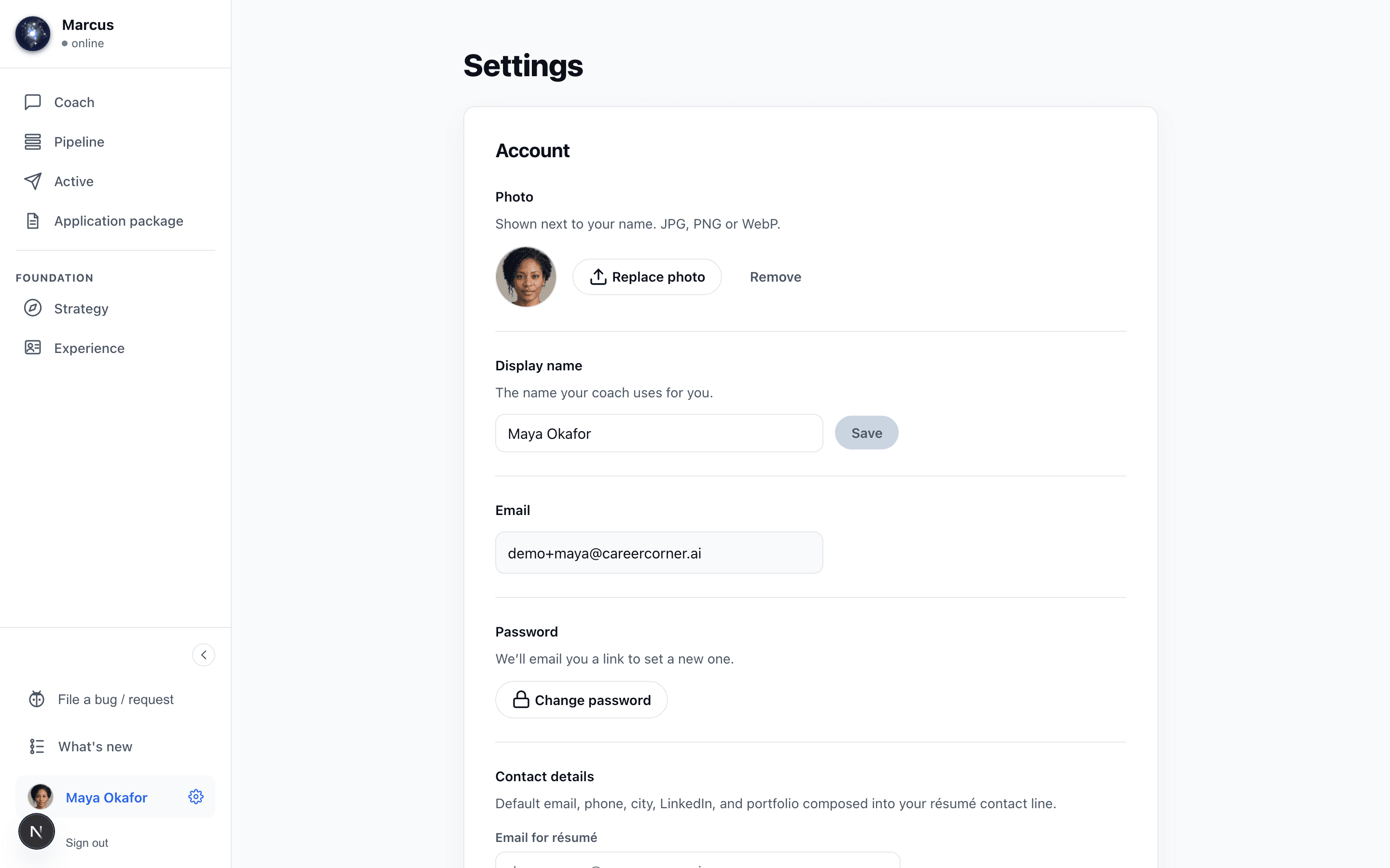 The Account section of settings: a Photo field with a round portrait, a Replace photo button and a Remove link, above the display name and email fields. The same portrait sits beside the name at the foot of the sidebar.