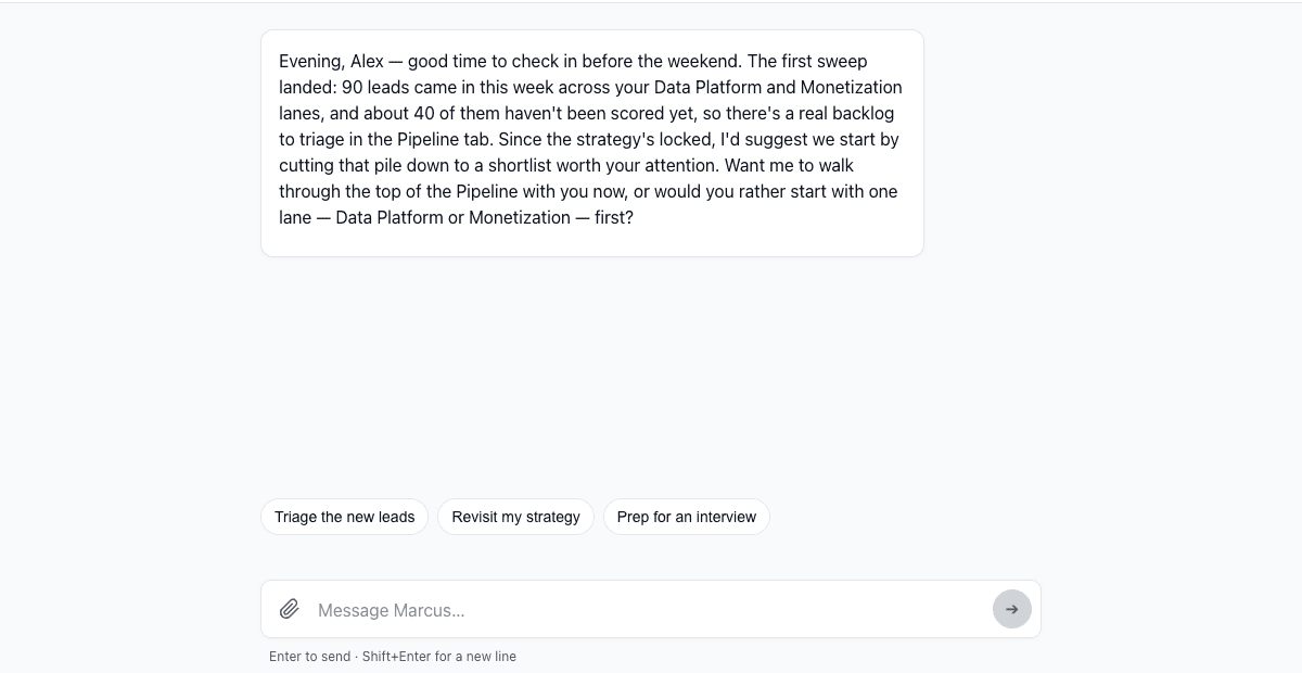 A coach conversation: the coach summarizes the week’s new leads above suggestion chips and the message box.