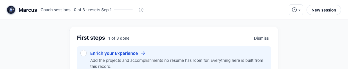 The coach room header on a free account showing the coach sessions meter: 0 of 3, resetting on the first of the month.