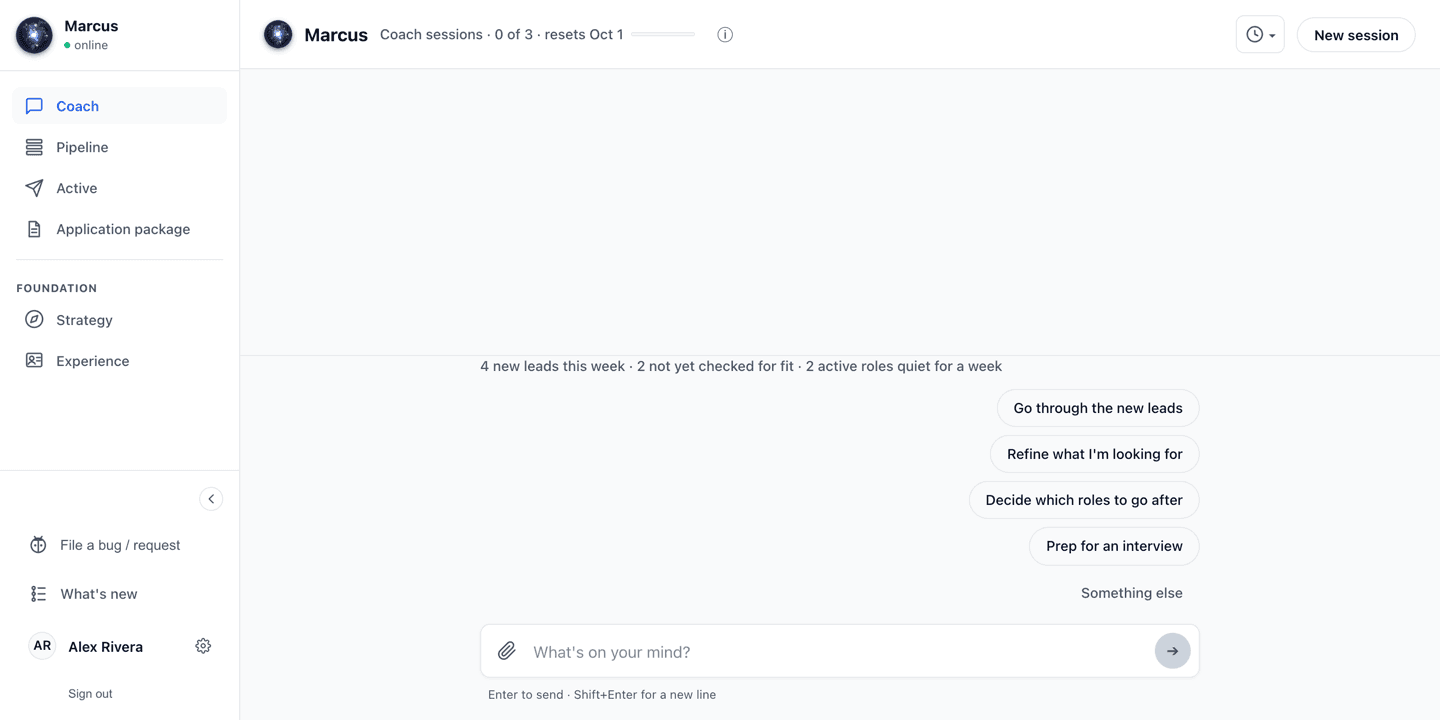 The coach room: a usage meter in the header, a status line on the jobs you’re tracking, and five suggestion chips waiting for the first move.
