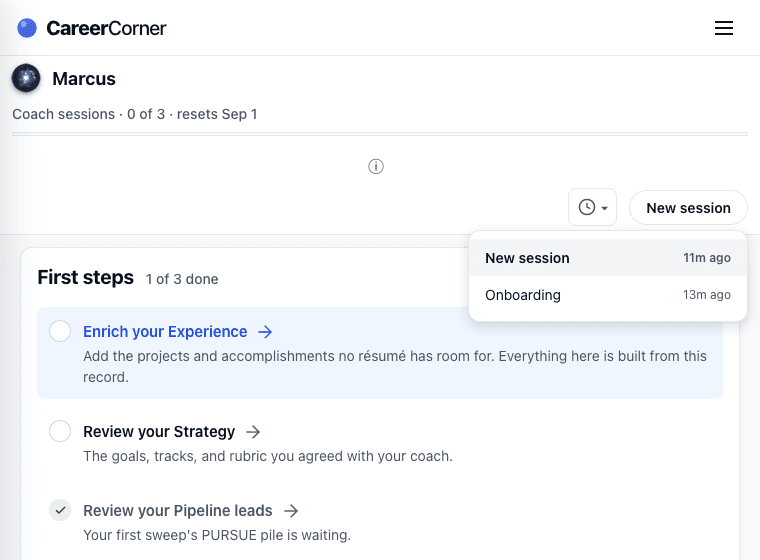 The coach room on a narrow window with the sessions panel open beneath its toggle, listing two sessions.