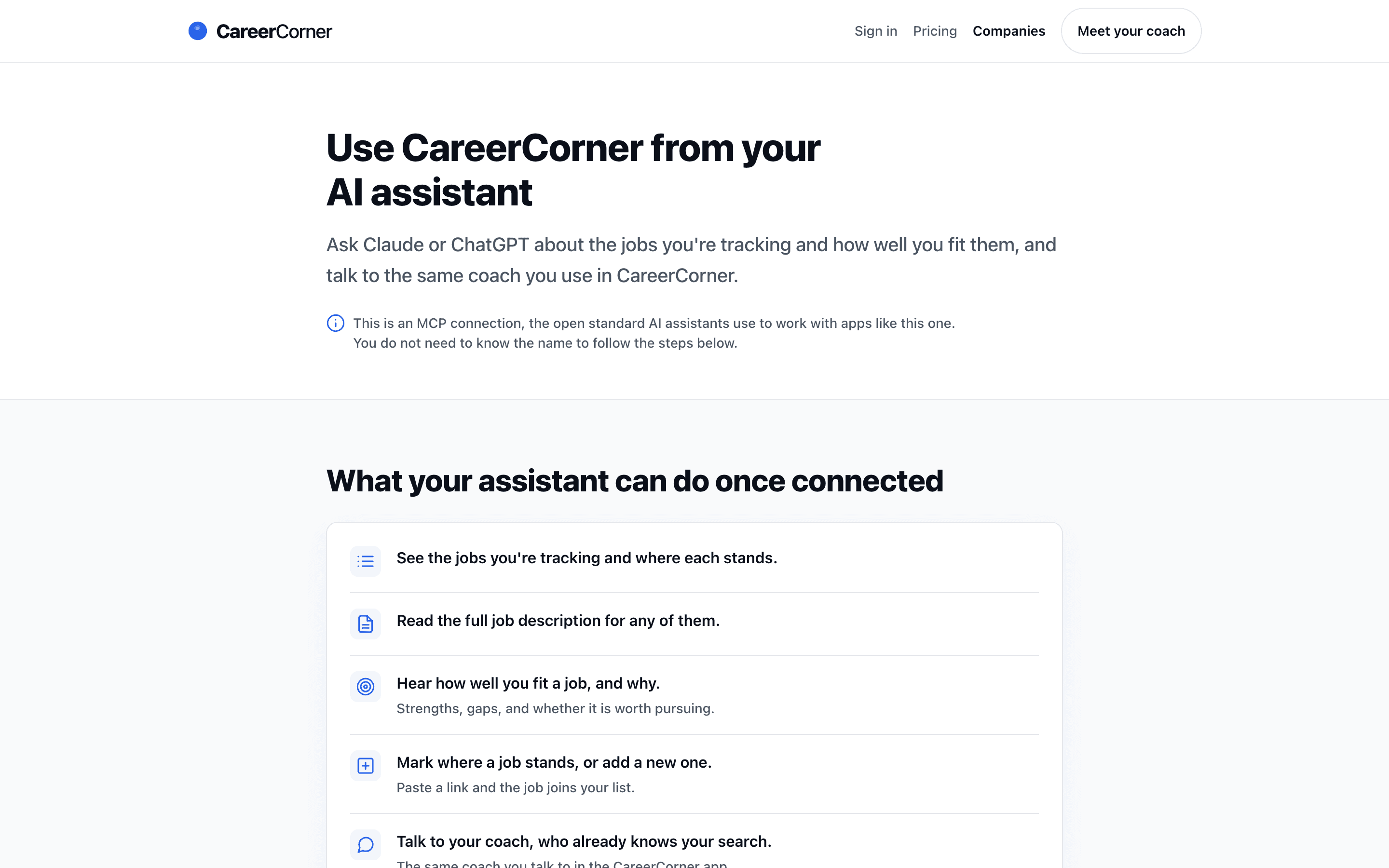 The connect page: the heading "Use CareerCorner from your AI assistant", a line explaining you can ask Claude or ChatGPT about the jobs you are tracking, and the list of what an assistant can do once connected.