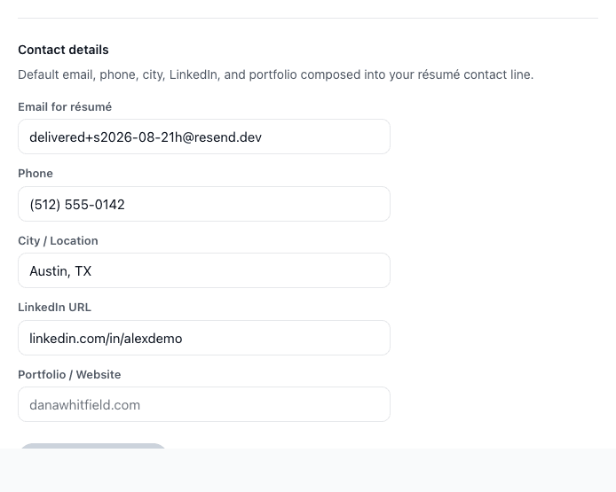 The Contact details card in Settings: email, phone, city, LinkedIn URL, and portfolio fields, with a personal LinkedIn profile URL filled in.
