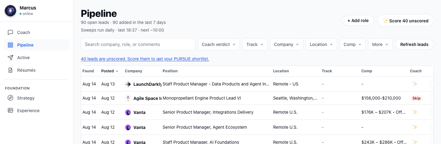 Pipeline rows sorted by the Posted column, every visible posting from the last few days.