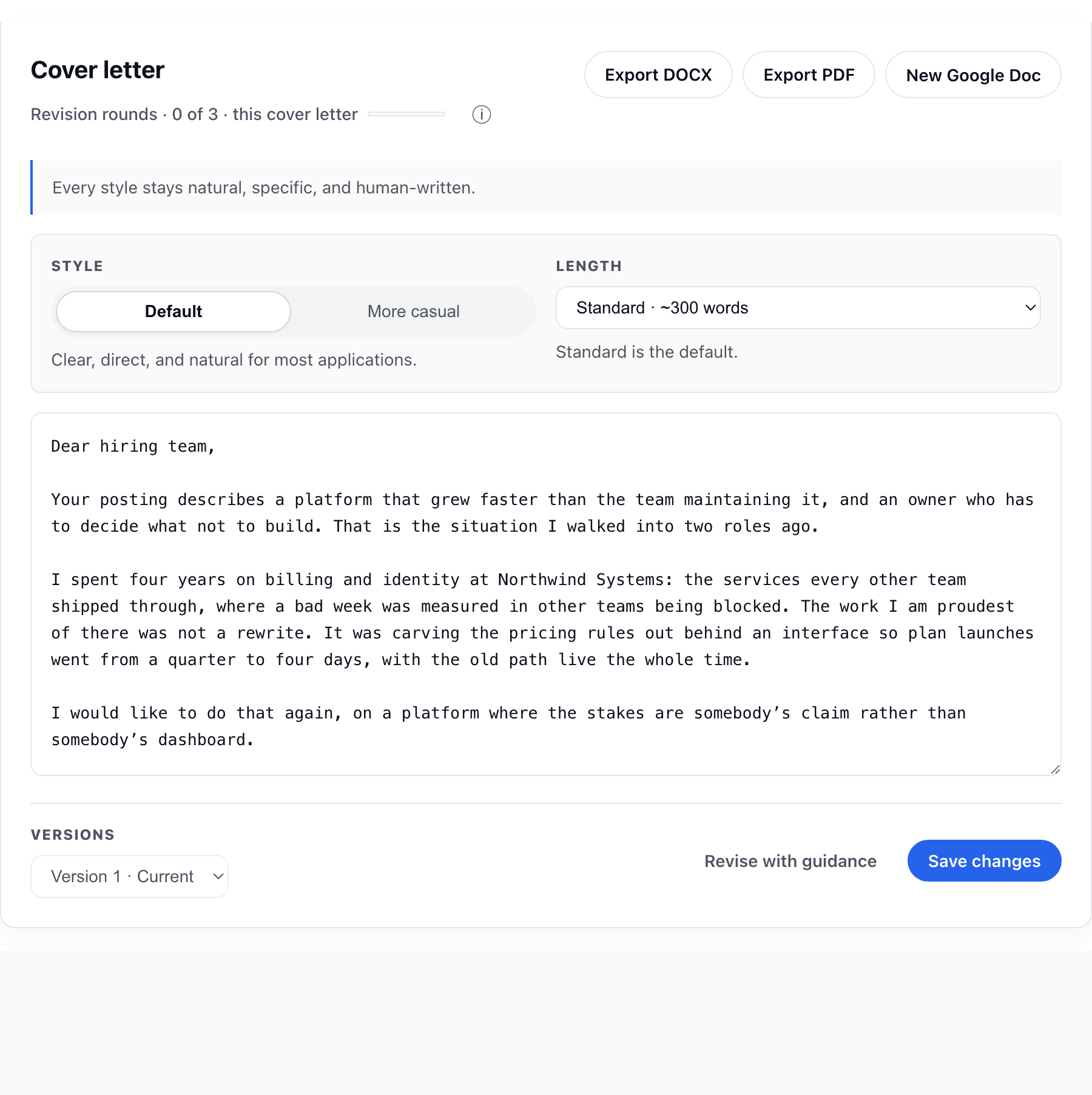 A drafted cover letter with Export DOCX, Export PDF, and New Google Doc actions beside the panel title, above the style and length controls.