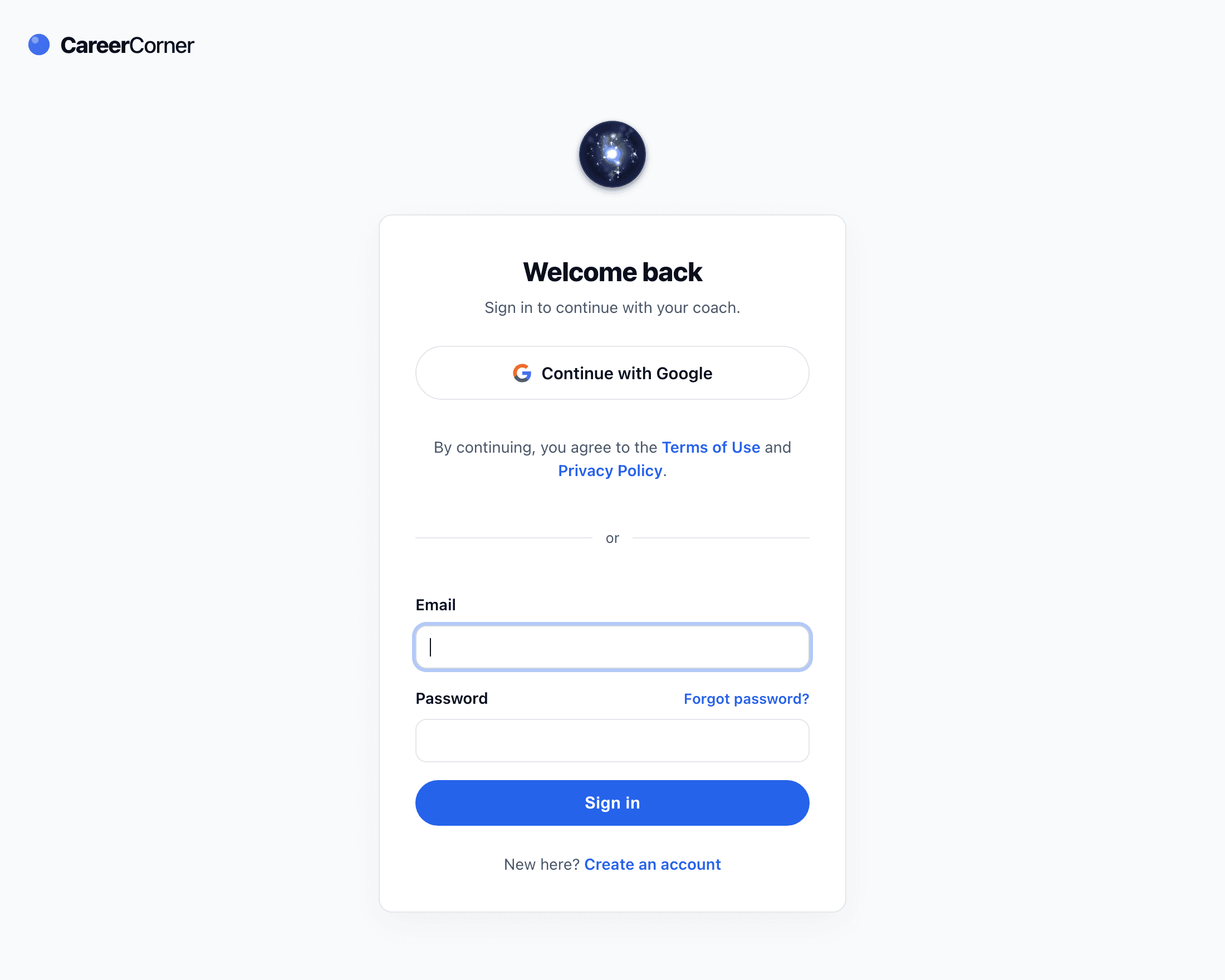 The sign-in page: a "Continue with Google" button above the terms line, an "or" divider, and the email and password fields below it.