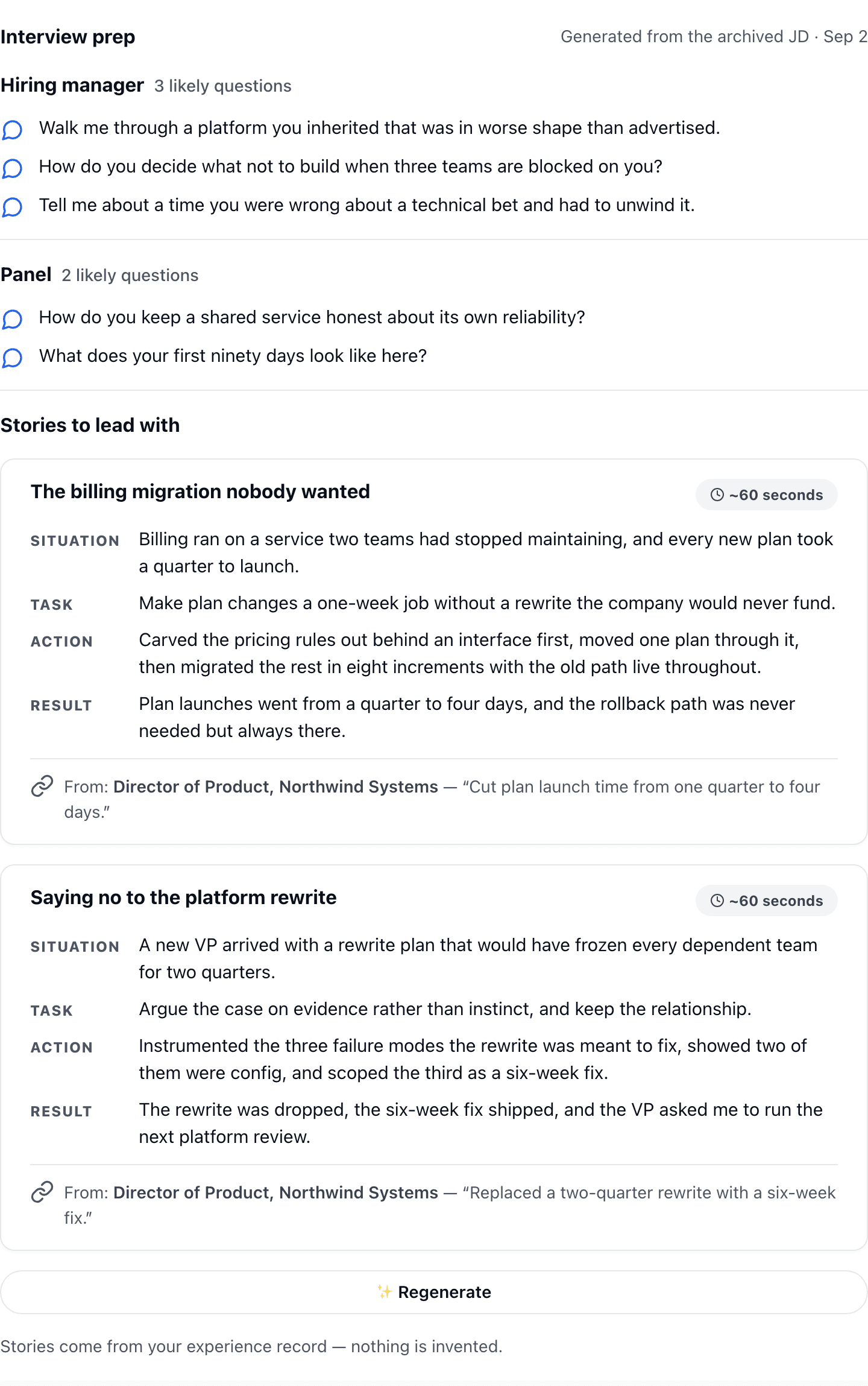 The Prepare tab: likely questions grouped by hiring-manager and panel stages, then two STAR stories, each citing the role and achievement it came from.