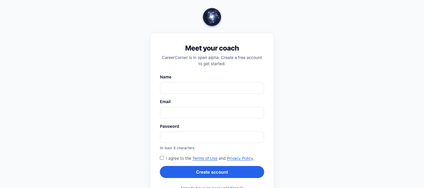 The create-account page: name, email, and password fields under the heading "Meet your coach".