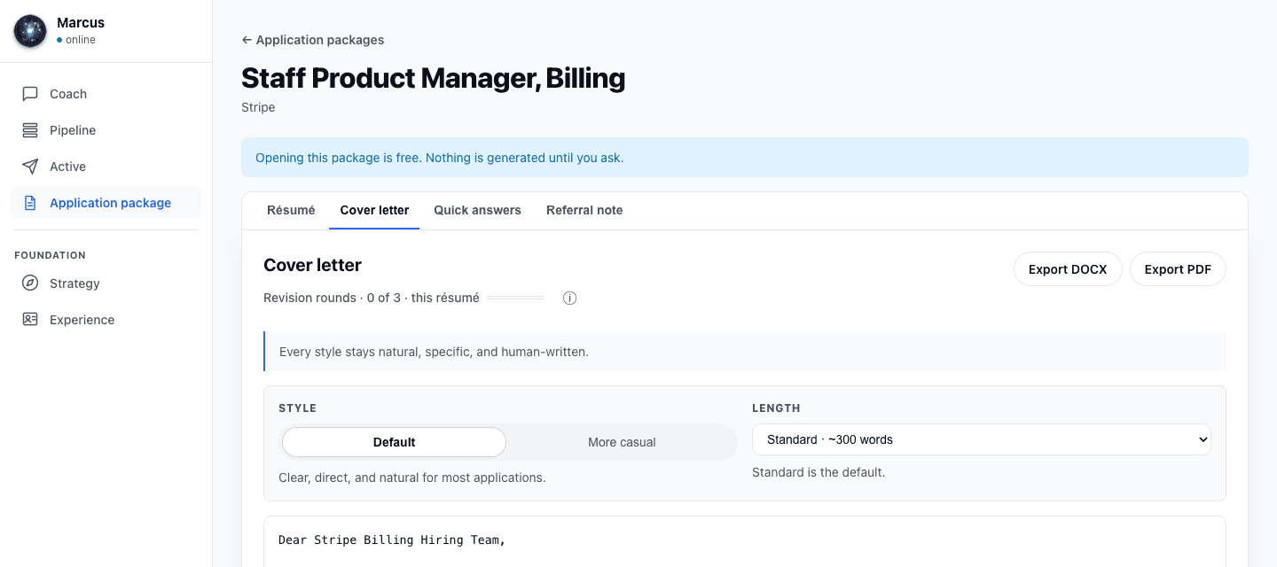 The application package workspace on the Cover letter tab: Résumé, Cover letter, Quick answers, and Referral note tabs above a drafted letter, with style and length controls and DOCX/PDF export buttons.