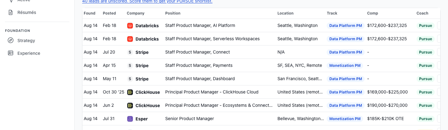 Pipeline rows with full position titles and complete pay ranges visible in the Position and Comp columns.