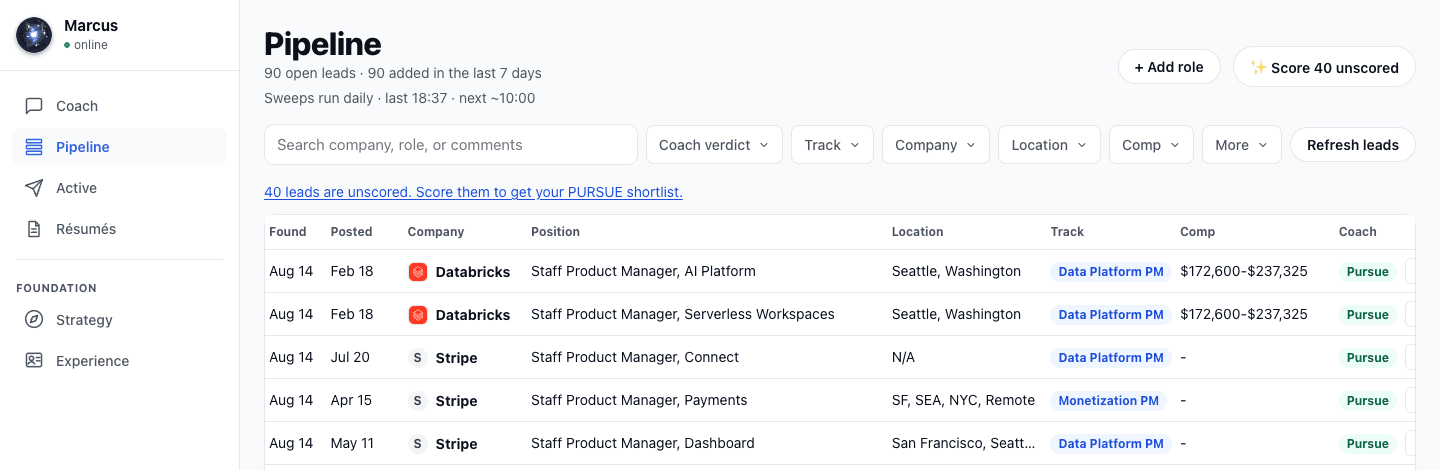 The Pipeline with a filter bar above it: Coach verdict, Track, Company, Location, Comp, and More dropdowns beside a search box.