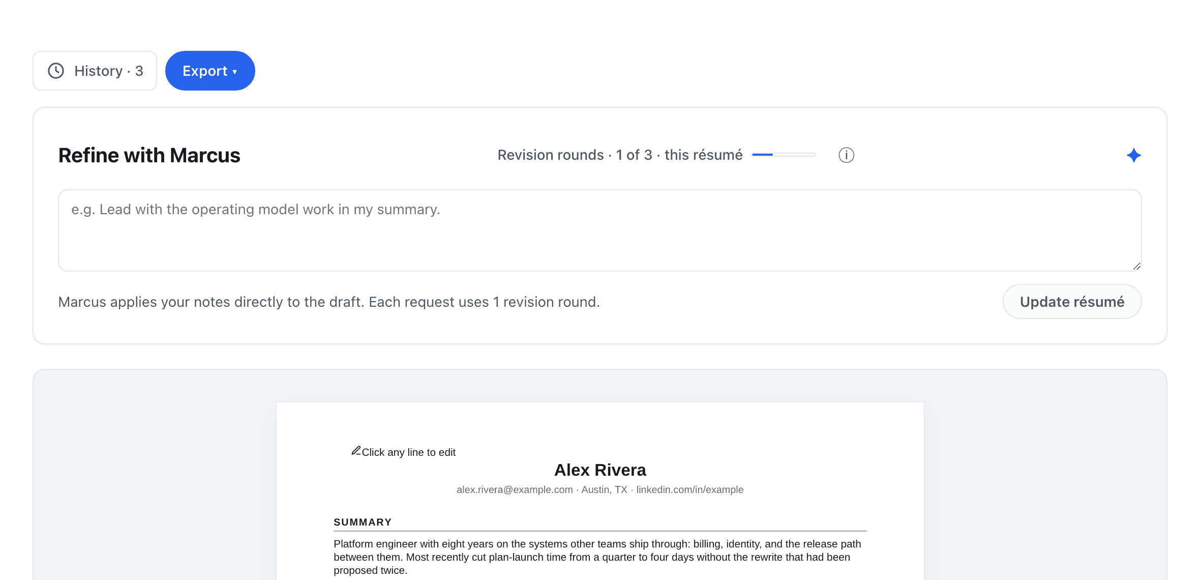 A tailored résumé above its refine control: one box for what to change, a revision-rounds indicator, and a single Update résumé button.