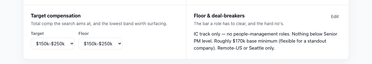 The Strategy page’s Target compensation section with Target and Floor selectors, next to Floor & deal-breakers.