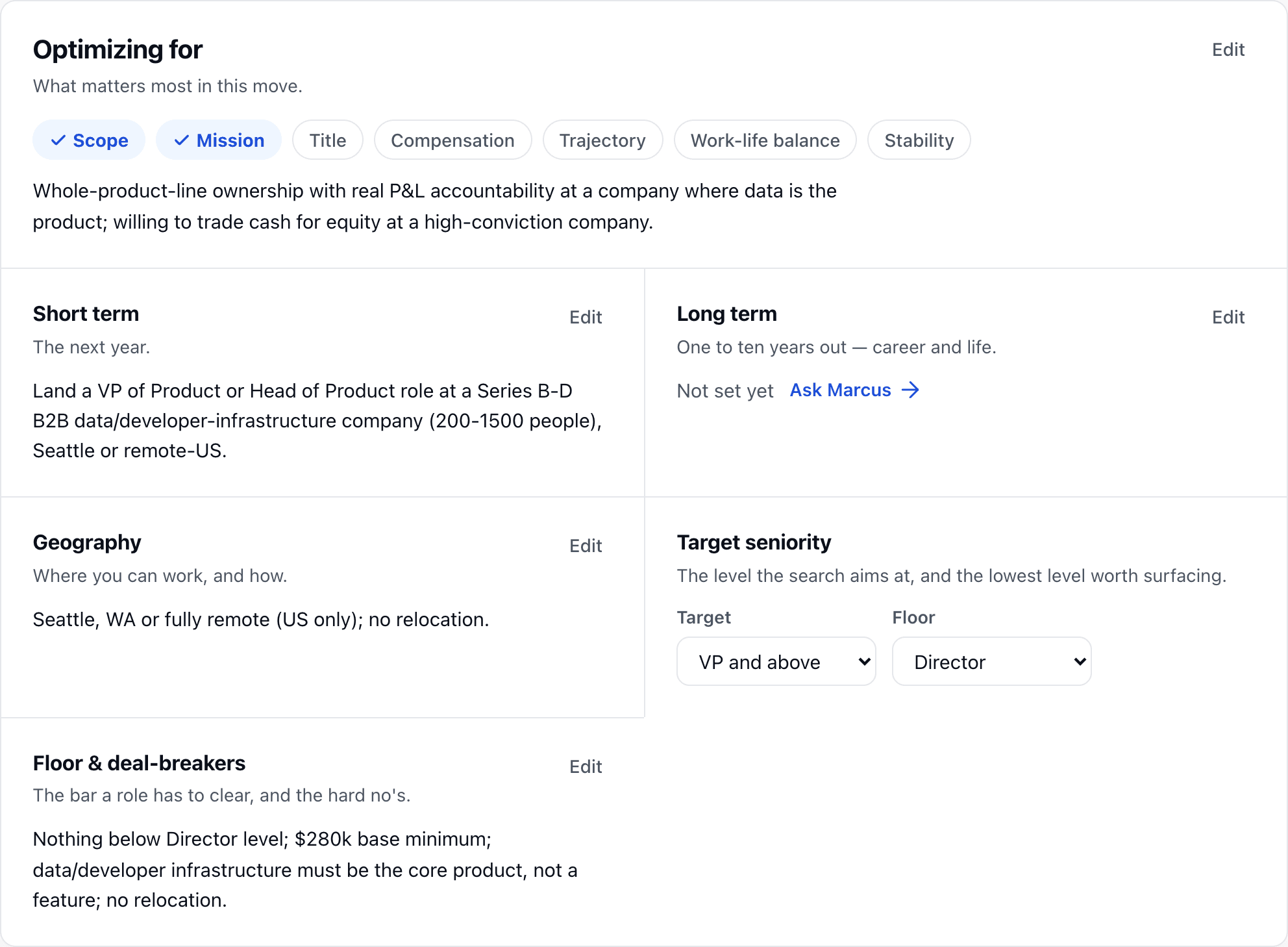The Strategy page showing sections for Optimizing for, Short term, Long term, Geography, Target seniority, and Floor and deal-breakers, each with its own Edit control.