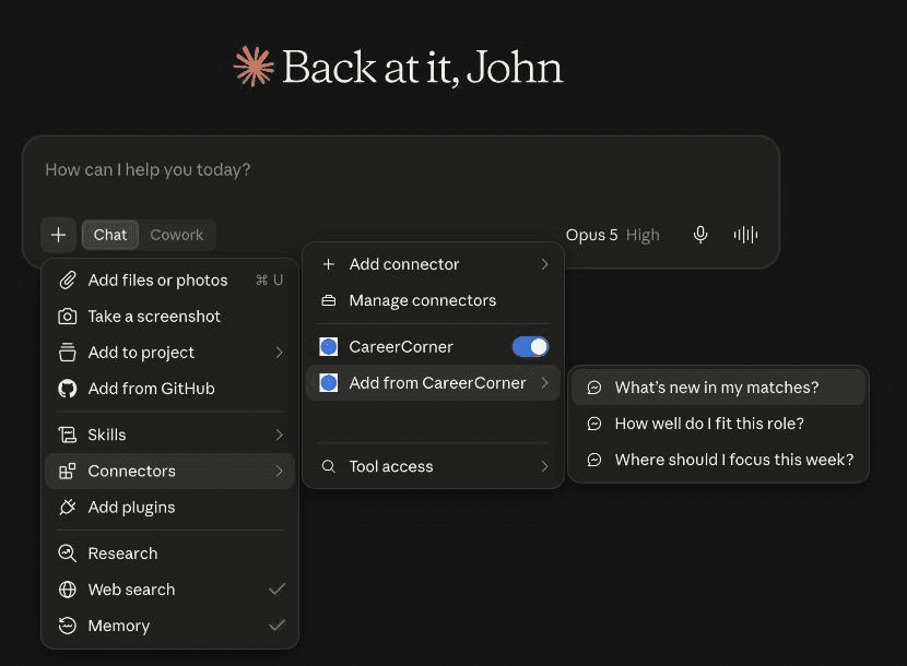 Claude's message box with the "+" menu open. "Connectors" is highlighted, then "Add from CareerCorner", then the three starter prompts.